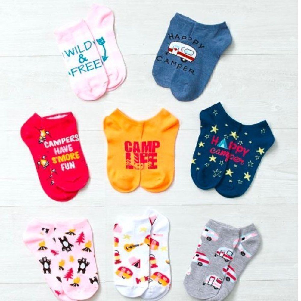 8 Pair Pack Novelty Low Cut Camping Themed Socks